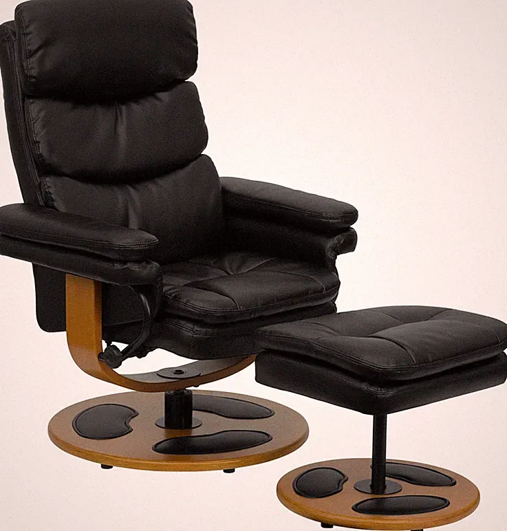 Contemporary Black Leathersoft Recliner and Ottoman with Wood Base
