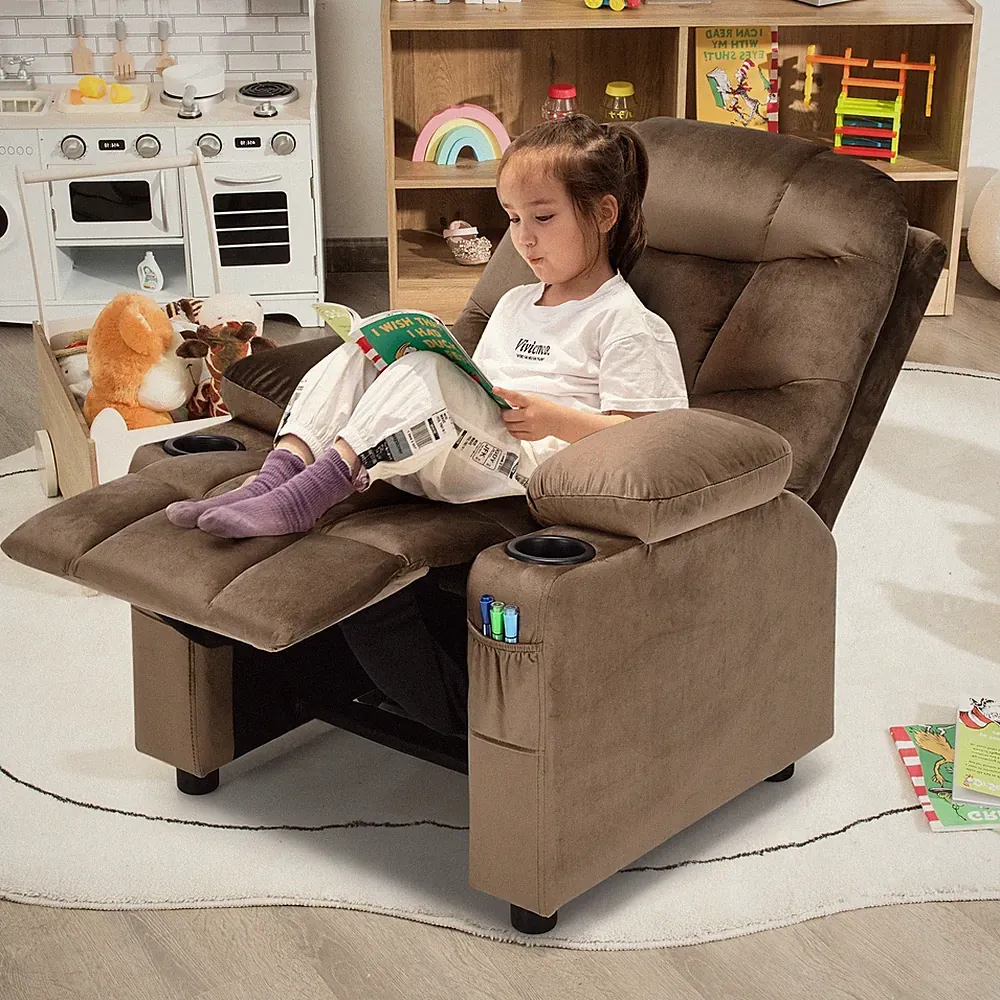 Kids Recliner Chair with Cup Holder and Footrest for Children-Light Brown S