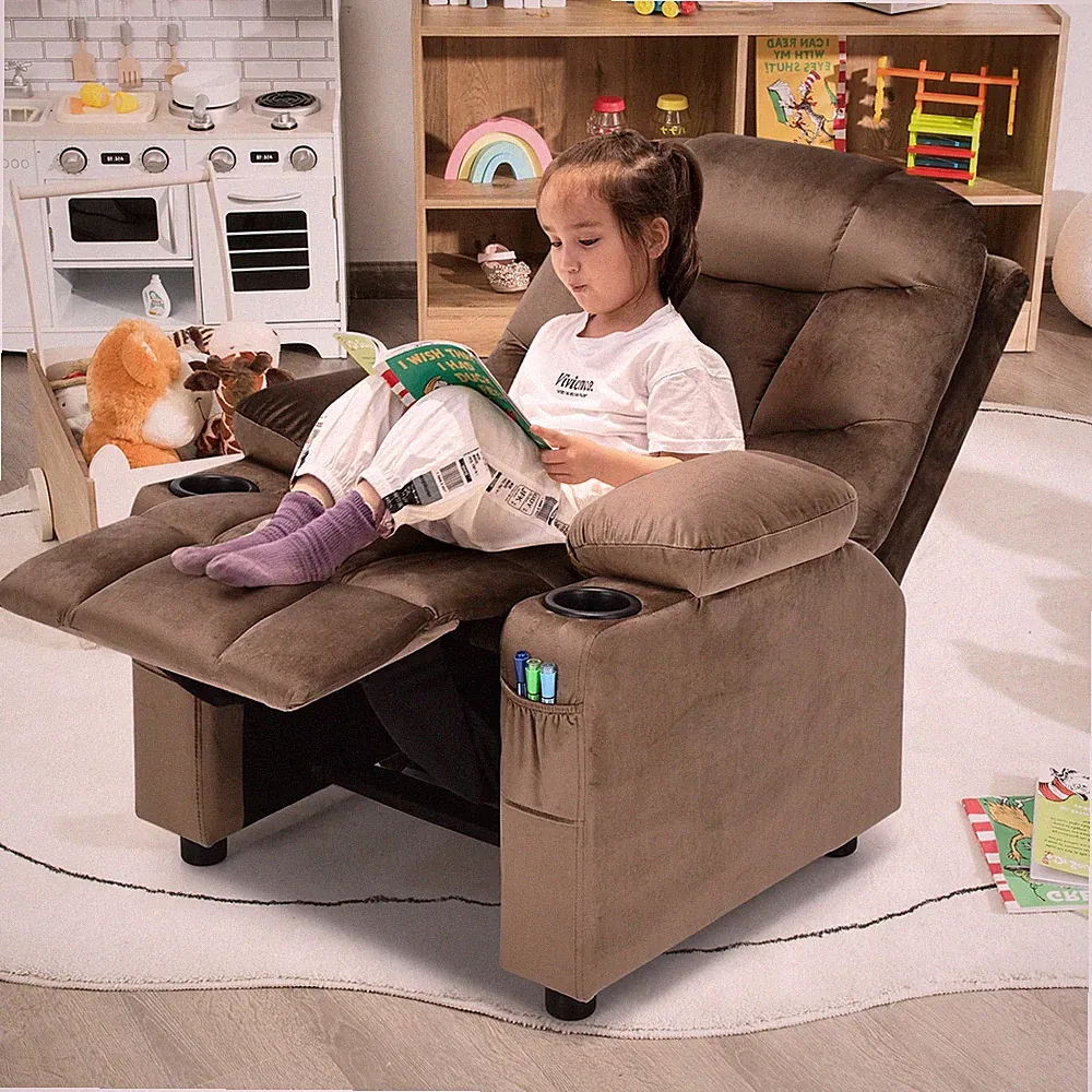 Kids Recliner Chair with Cup Holder and Footrest for Children-Light Brown Z