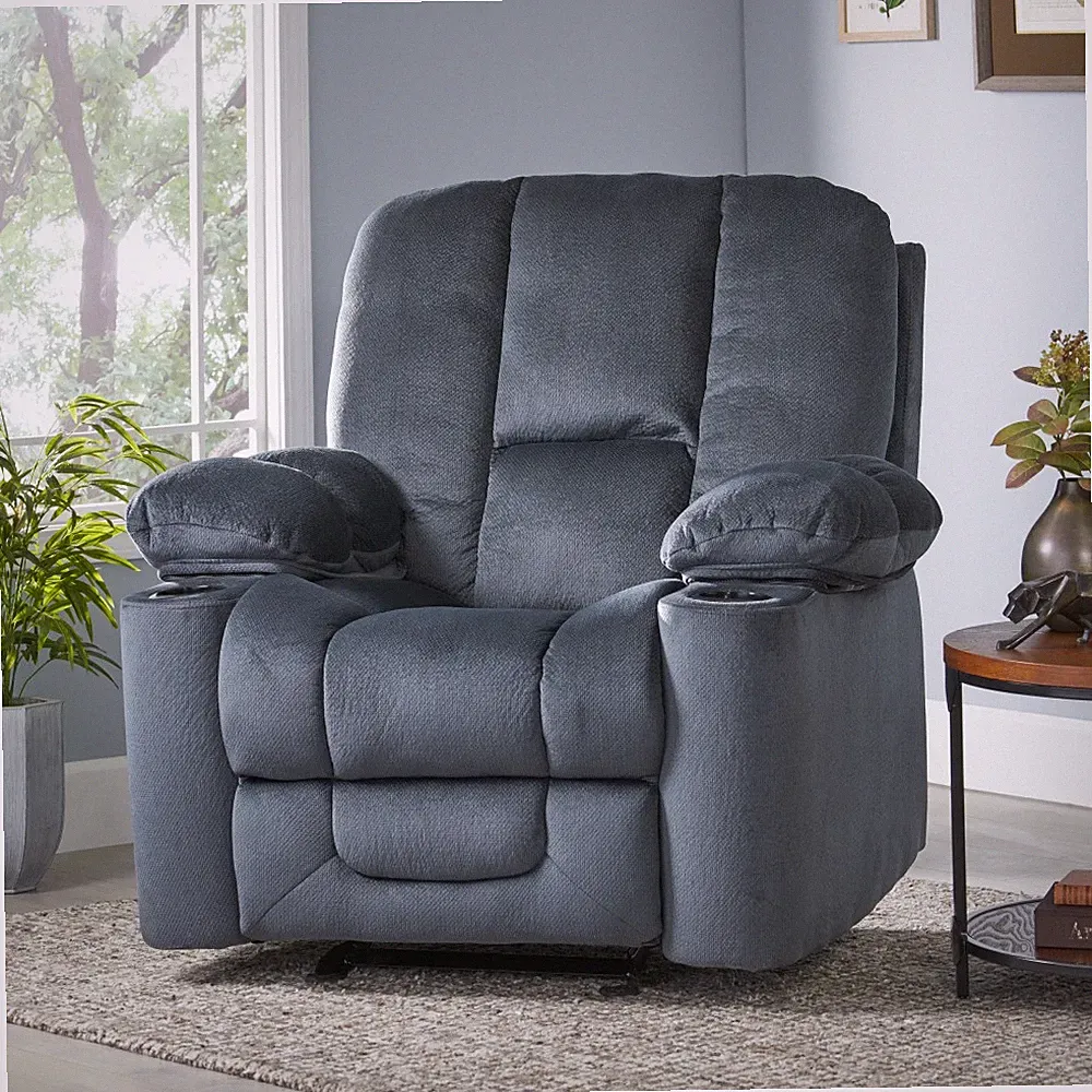 Silver Luxurious Manual Recliner - Skin-Friendly Fabric, Dual Cup Holders