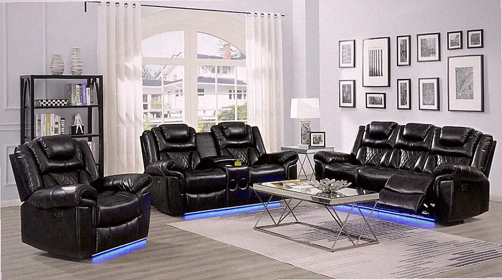 NEW LED 3PC Sofa Power Recliner Set Black Leather Bluetooth Speaker & USB Ports